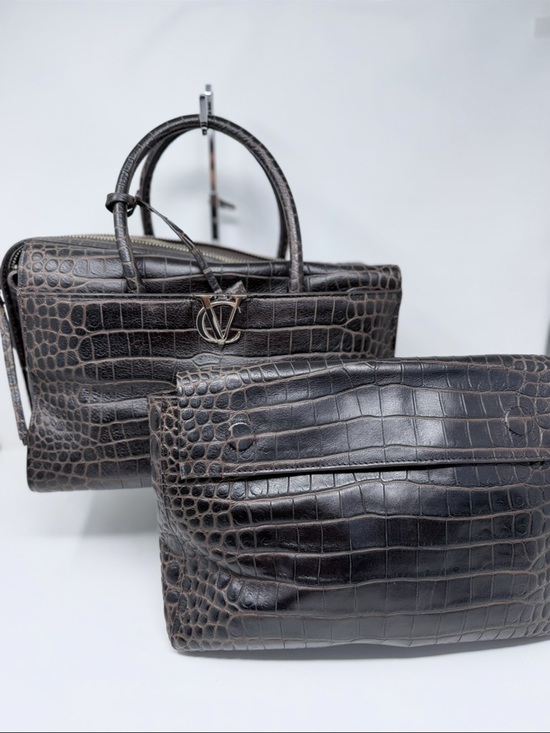 Vince Camuto Handbags - Vince Camuto Dark Brown Croc-Embossed Leather Tote with Matching Pouch